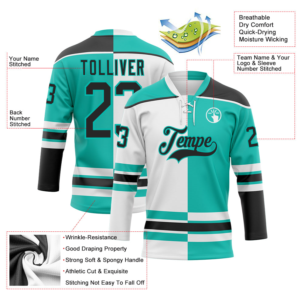 Custom Aqua Black-White Split Fashion Hockey Lace Neck Jersey
