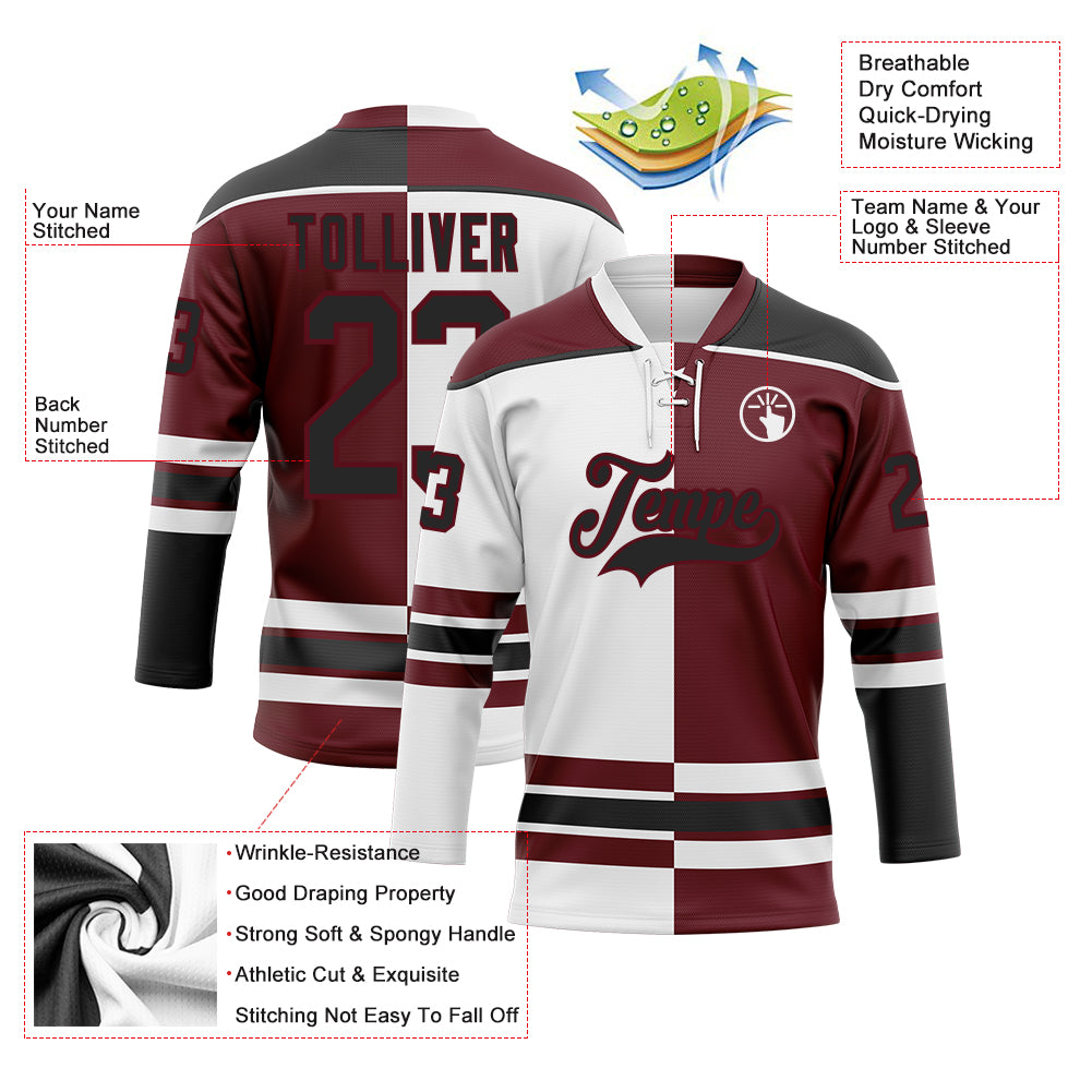 Custom Burgundy Black-White Split Fashion Hockey Lace Neck Jersey