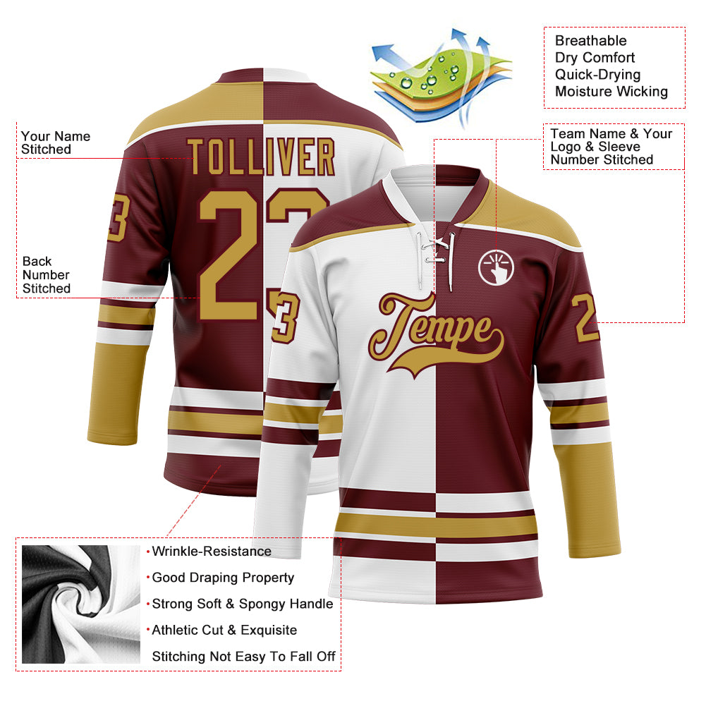Custom Burgundy Old Gold-White Split Fashion Hockey Lace Neck Jersey
