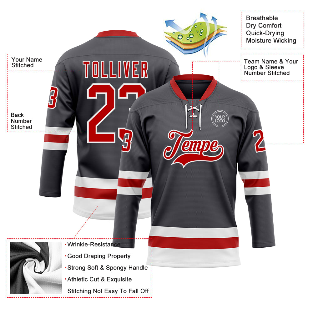 Custom Steel Gray Red-White Hockey Lace Neck Jersey