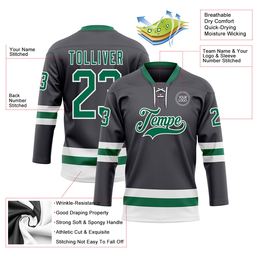 Custom Steel Gray Kelly Green-White Hockey Lace Neck Jersey