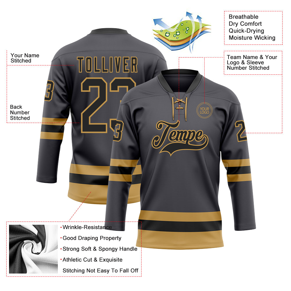 Custom Steel Gray Black-Old Gold Hockey Lace Neck Jersey