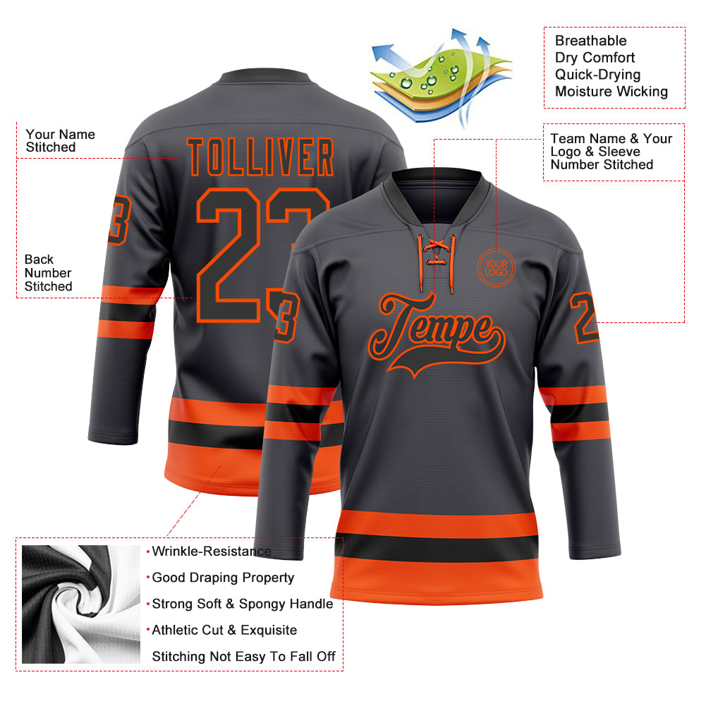 Custom Steel Gray Black-Orange Hockey Lace Neck Jersey