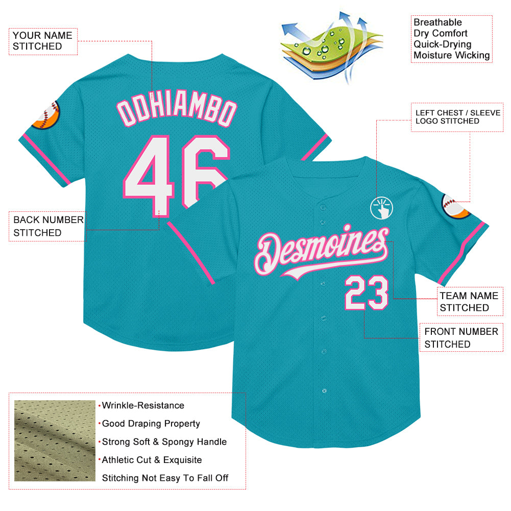 Custom Teal White-Pink Mesh Authentic Throwback Baseball Jersey
