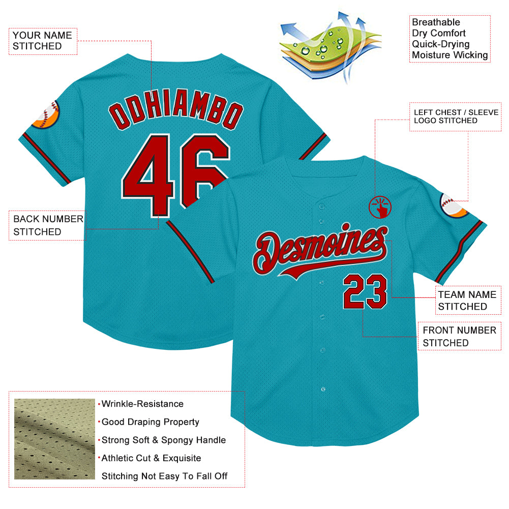 Custom Teal Red-Black Mesh Authentic Throwback Baseball Jersey