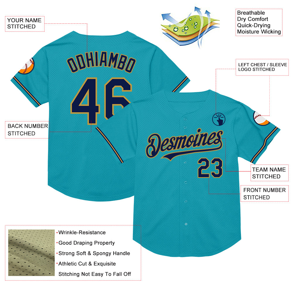 Custom Teal Navy-Old Gold Mesh Authentic Throwback Baseball Jersey