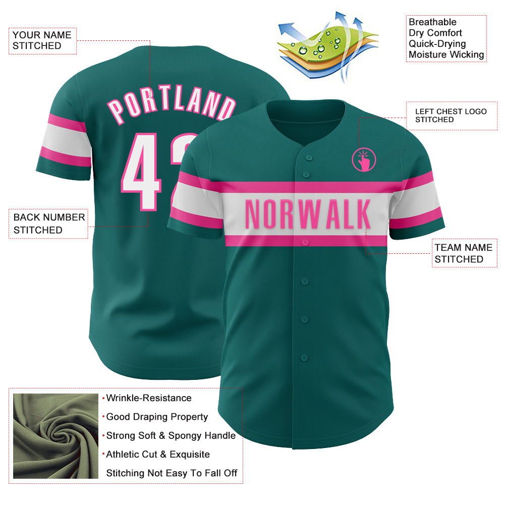 Custom Teal White-Pink Authentic Baseball Jersey