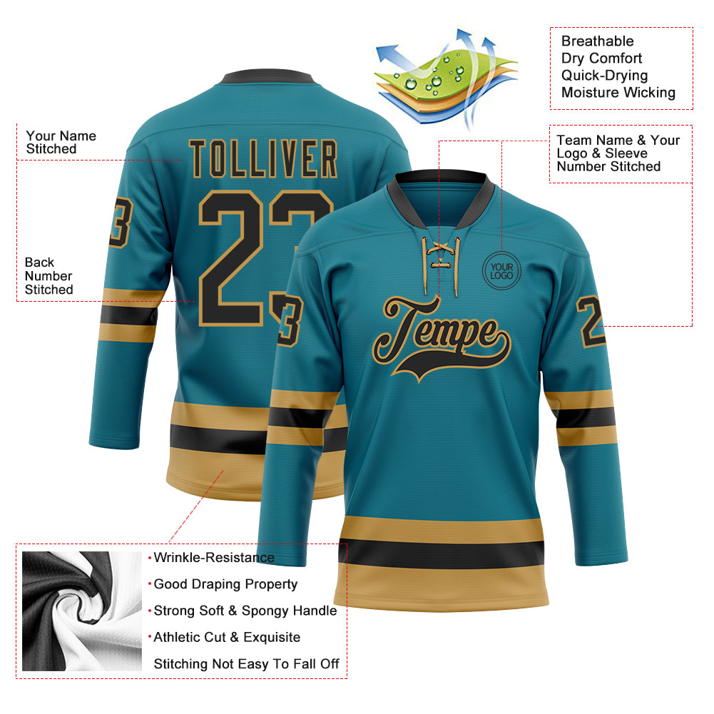 Custom Teal Black-Old Gold Hockey Lace Neck Jersey