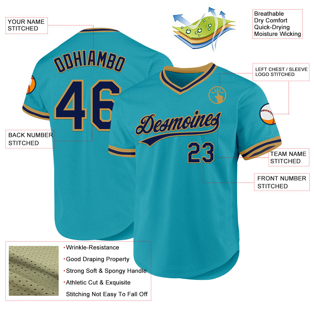 Custom Teal Navy-Old Gold Authentic Throwback Baseball Jersey