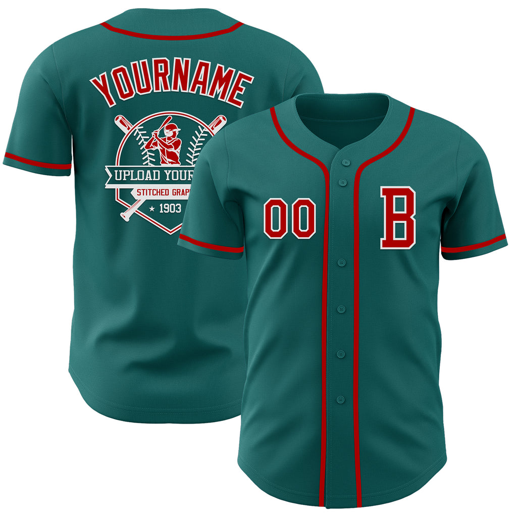 Custom Teal Red-White Authentic Baseball Jersey