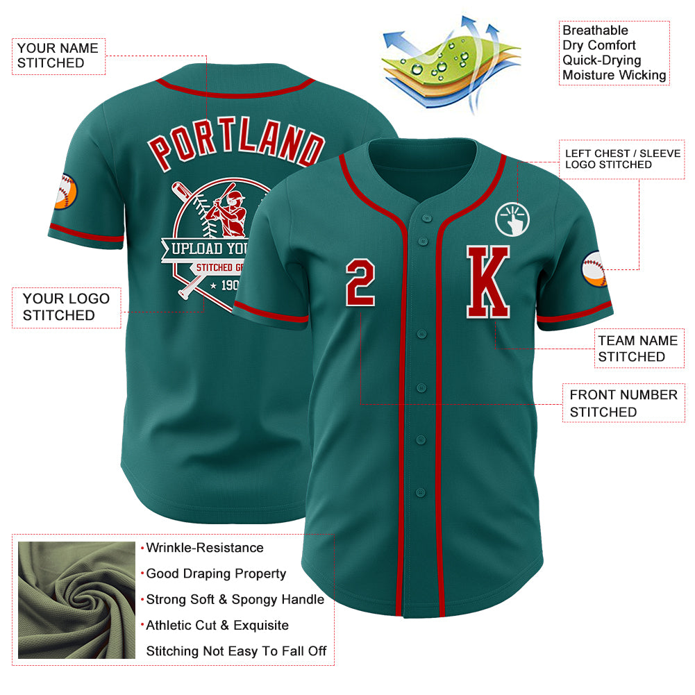 Custom Teal Red-White Authentic Baseball Jersey