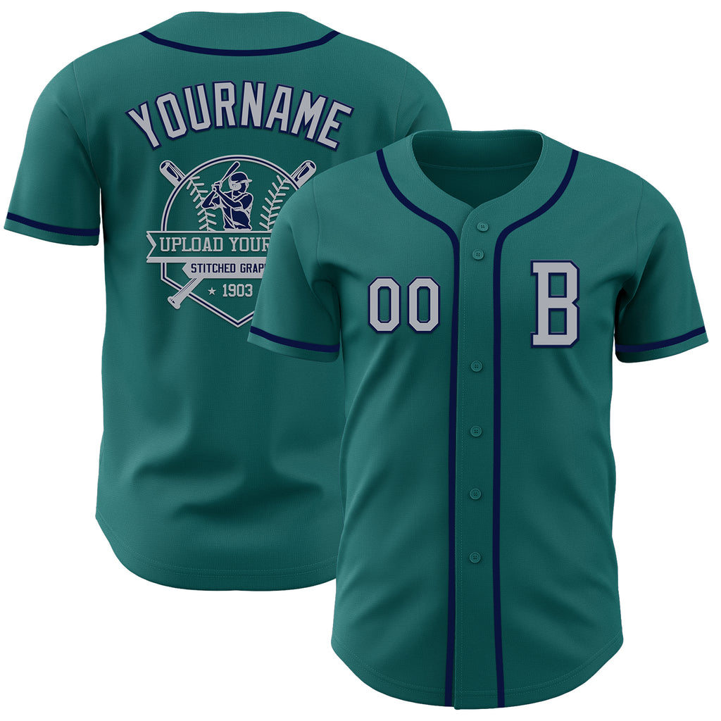 Custom Teal Gray-Navy Authentic Baseball Jersey