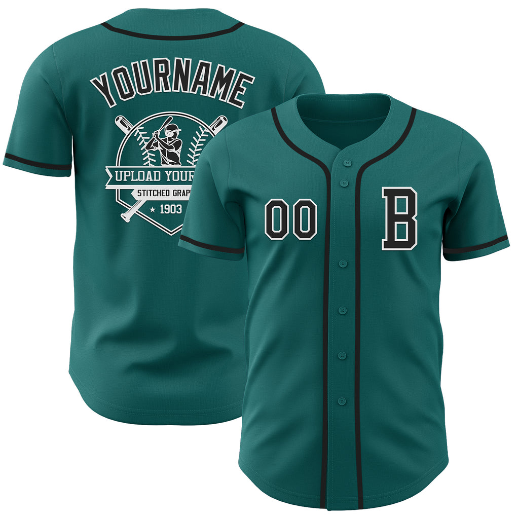 Custom Teal Black-White Authentic Baseball Jersey