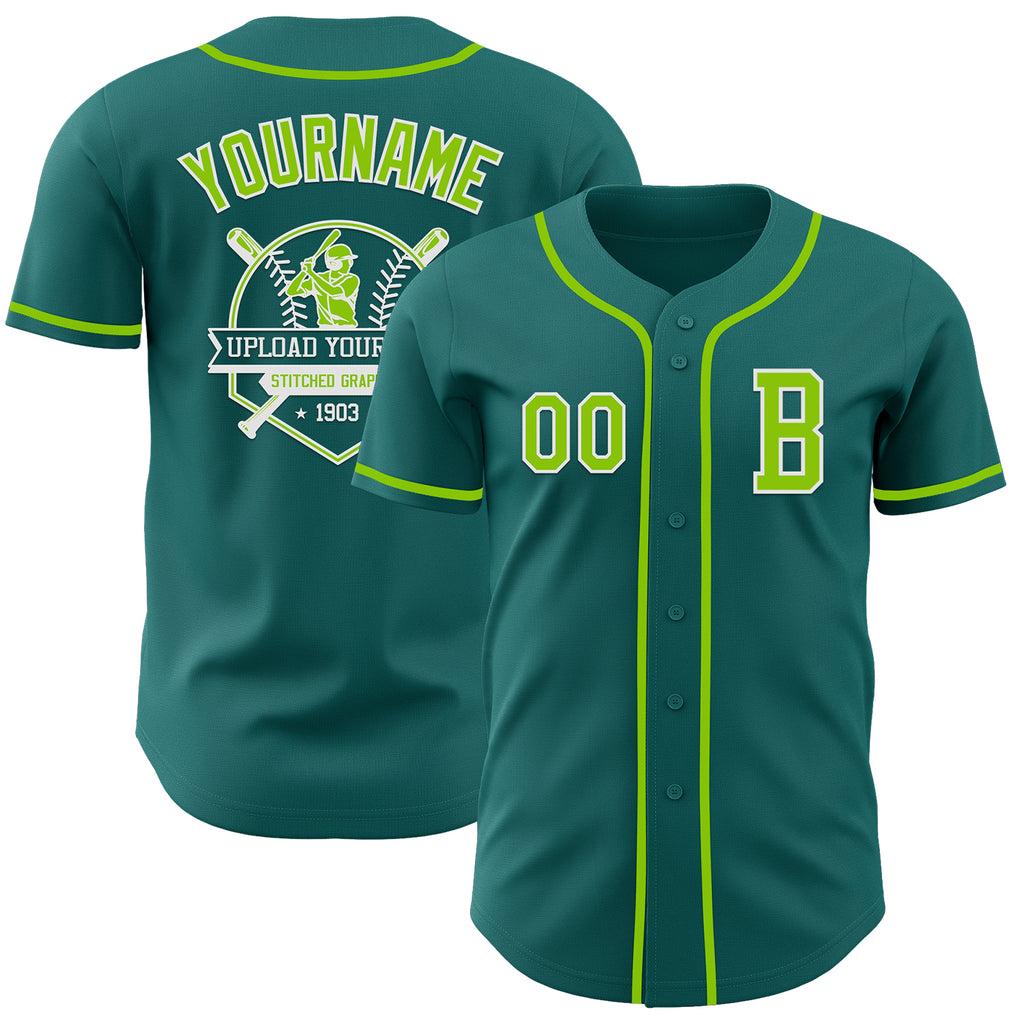 Custom Teal Neon Green-White Authentic Baseball Jersey