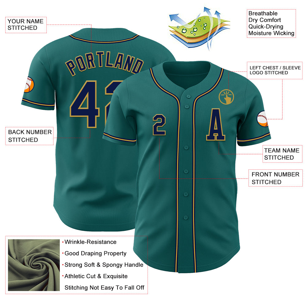 Custom Teal Navy-Old Gold Authentic Baseball Jersey