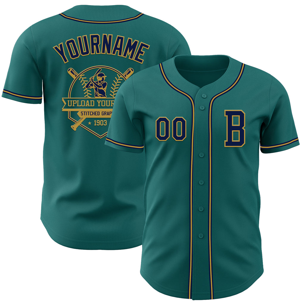 Custom Teal Navy-Old Gold Authentic Baseball Jersey