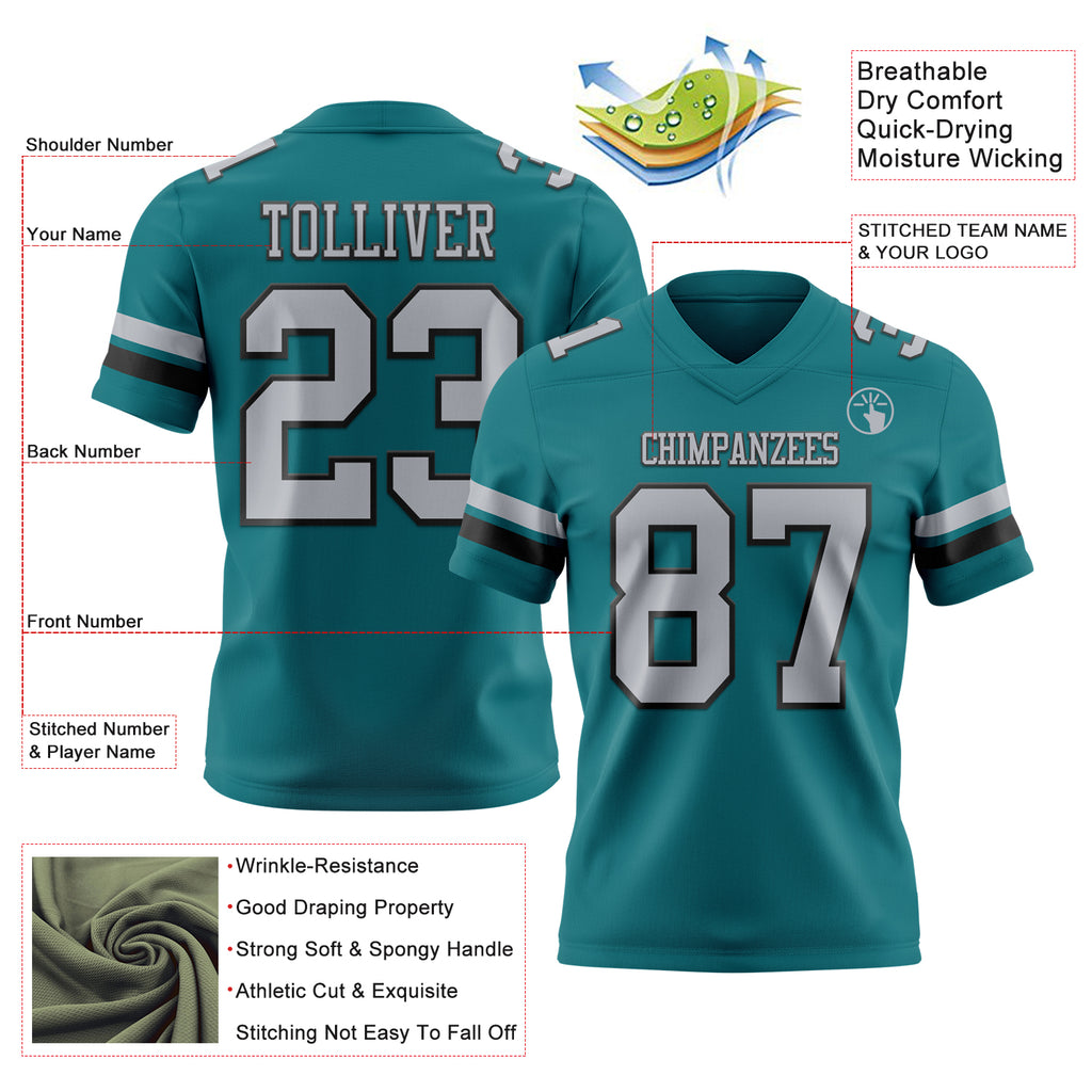 Custom Teal Gray-Black Mesh Authentic Football Jersey