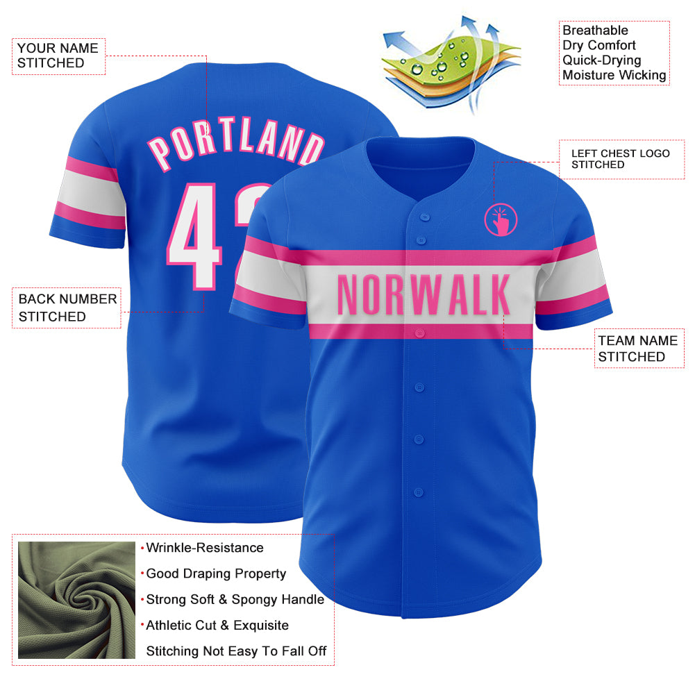 Custom Thunder Blue White-Pink Authentic Baseball Jersey