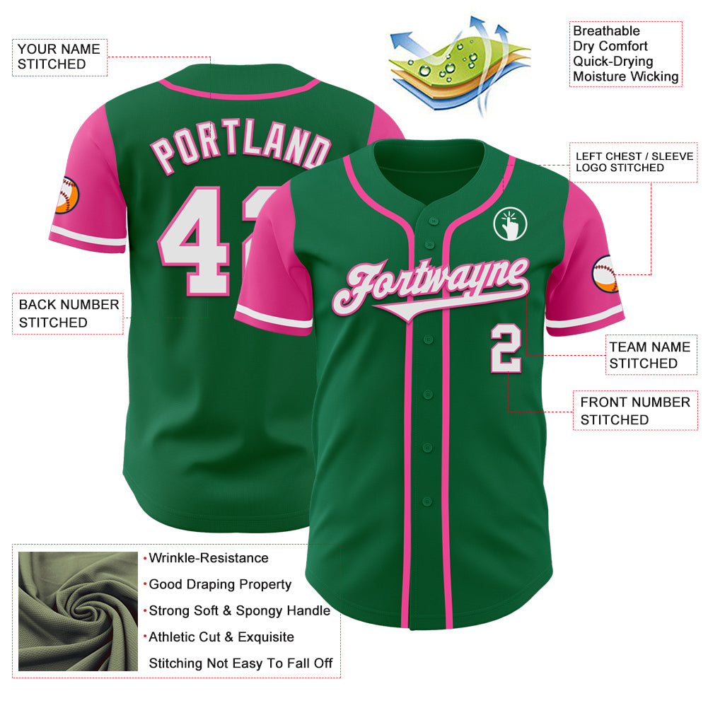 Custom Kelly Green White-Pink Authentic Two Tone Baseball Jersey