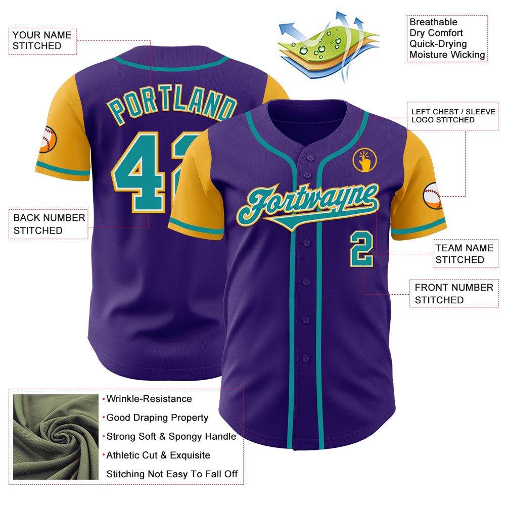 Custom Purple Teal-Gold Authentic Two Tone Baseball Jersey