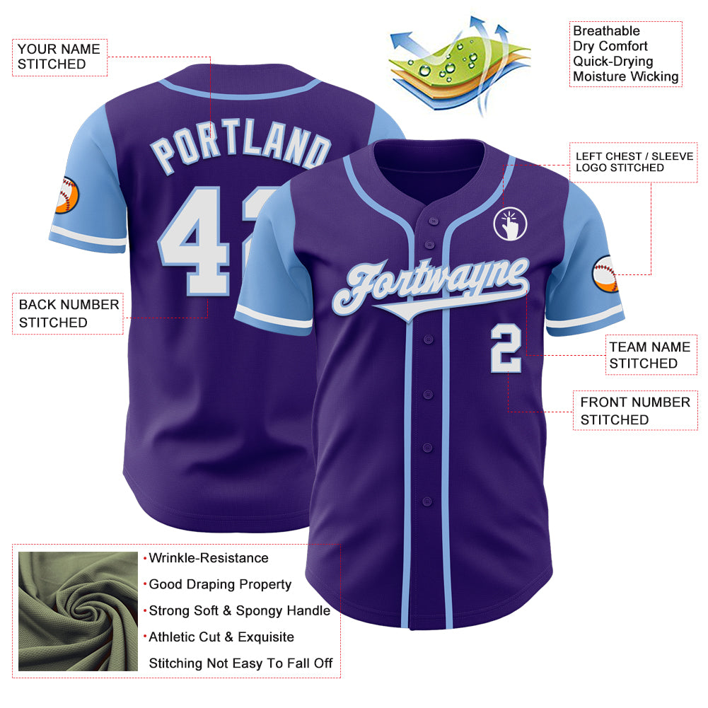 Custom Purple White-Light Blue Authentic Two Tone Baseball Jersey