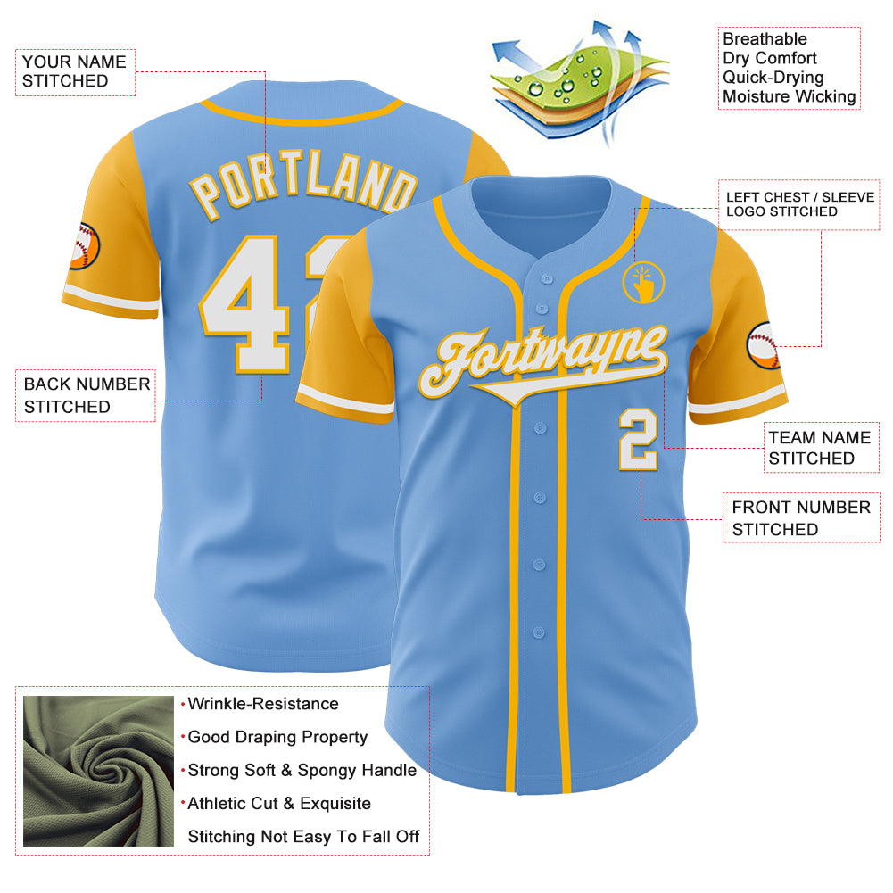 Custom Light Blue White-Gold Authentic Two Tone Baseball Jersey