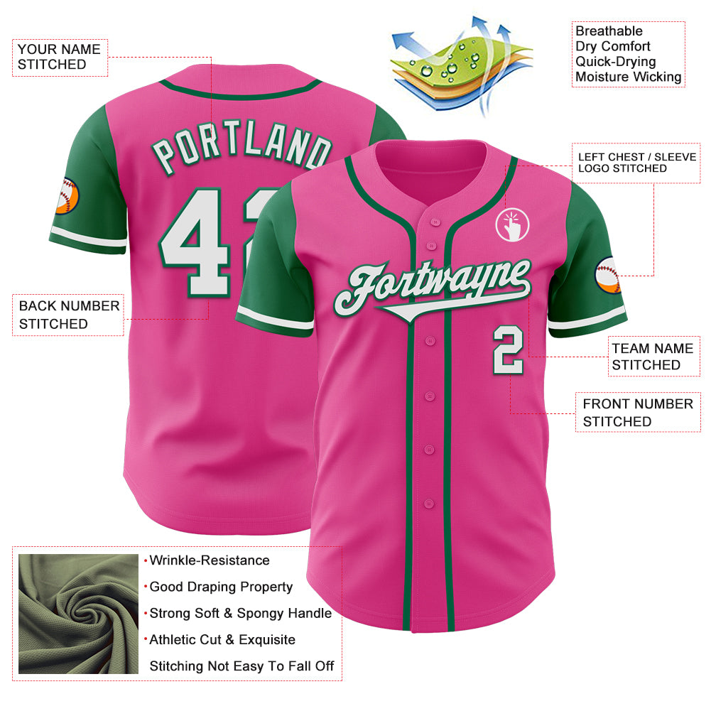 Custom Pink White-Kelly Green Authentic Two Tone Baseball Jersey