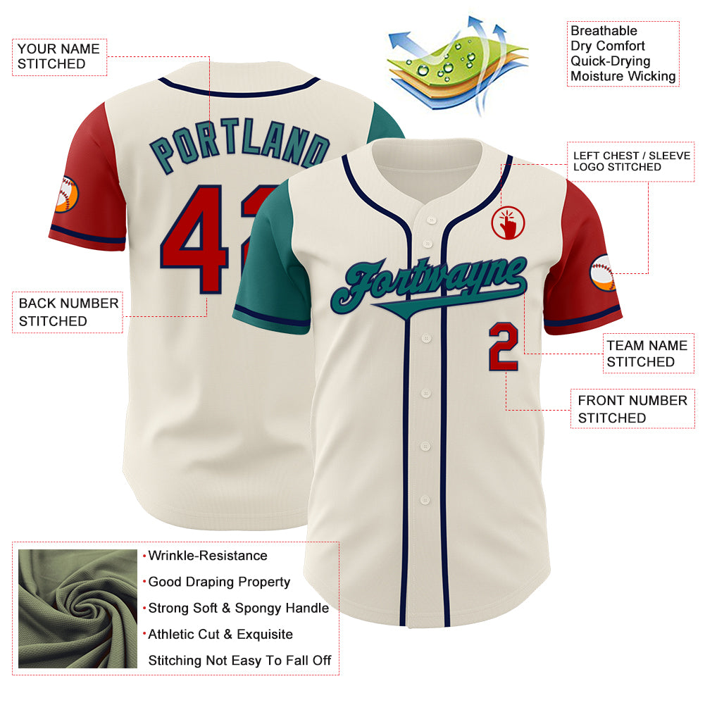 Custom Cream Red Teal-Navy Authentic Two Tone Baseball Jersey