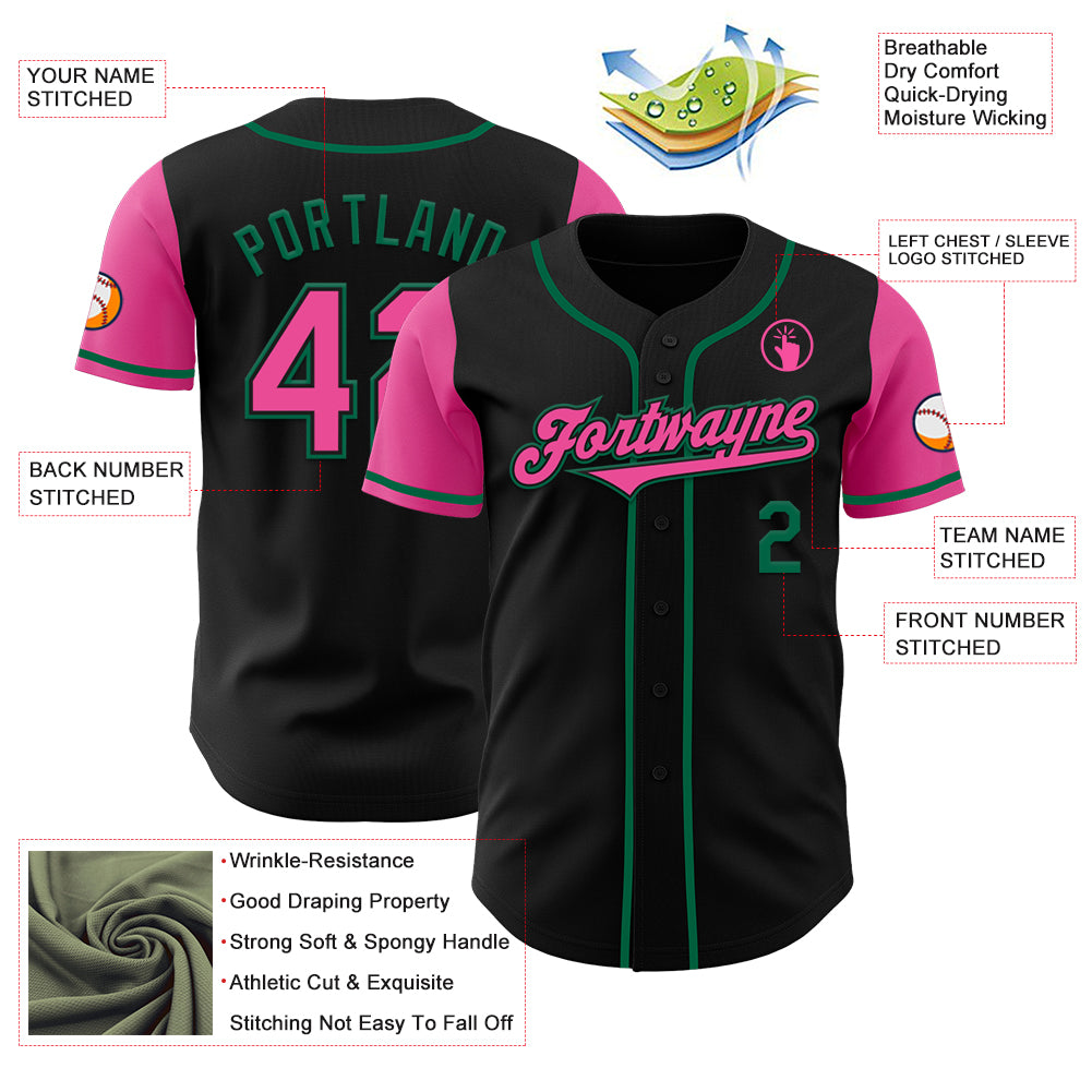 Custom Black Pink-Kelly Green Authentic Two Tone Baseball Jersey