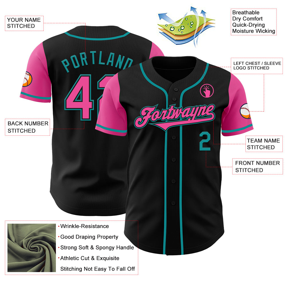 Custom Black Pink-Teal Authentic Two Tone Baseball Jersey