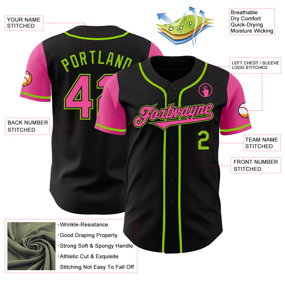 Custom Black Pink-Neon Green Authentic Two Tone Baseball Jersey