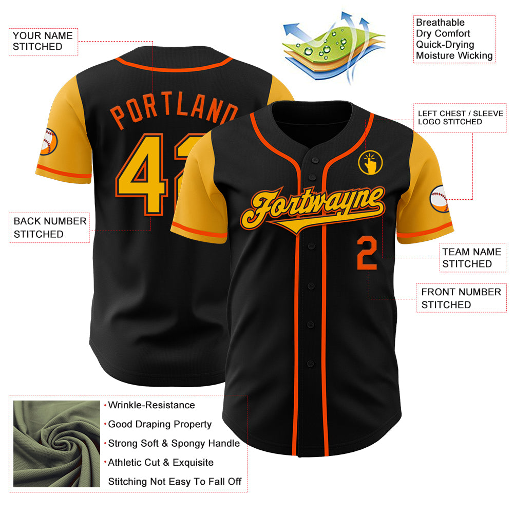 Custom Black Gold-Orange Authentic Two Tone Baseball Jersey