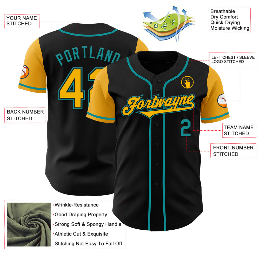 Custom Black Gold-Teal Authentic Two Tone Baseball Jersey