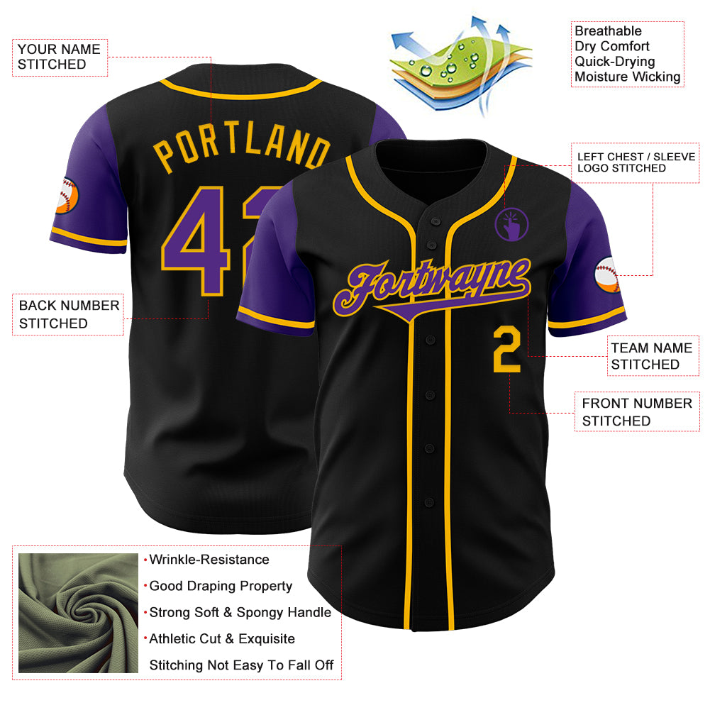 Custom Black Purple-Gold Authentic Two Tone Baseball Jersey