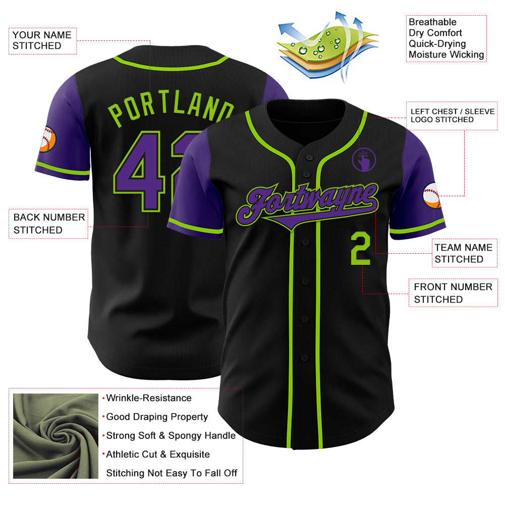 Custom Black Purple-Neon Green Authentic Two Tone Baseball Jersey