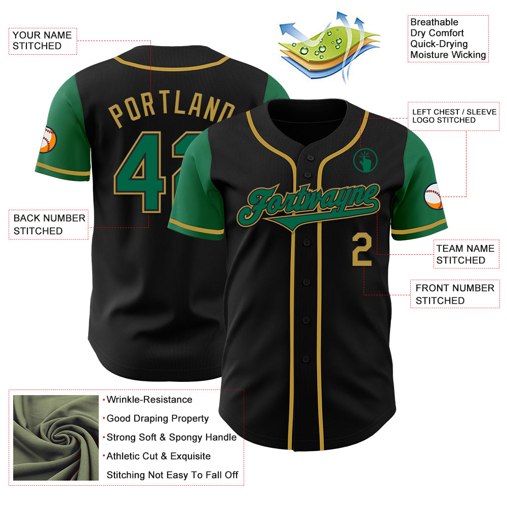 Custom Black Kelly Green-Old Gold Authentic Two Tone Baseball Jersey