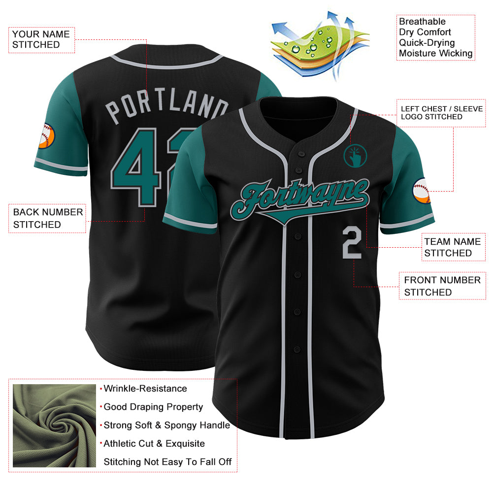 Custom Black Teal-Gray Authentic Two Tone Baseball Jersey