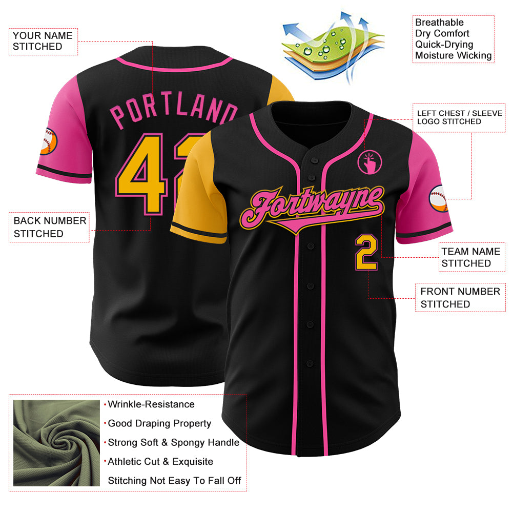 Custom Black Gold-Pink Authentic Two Tone Baseball Jersey