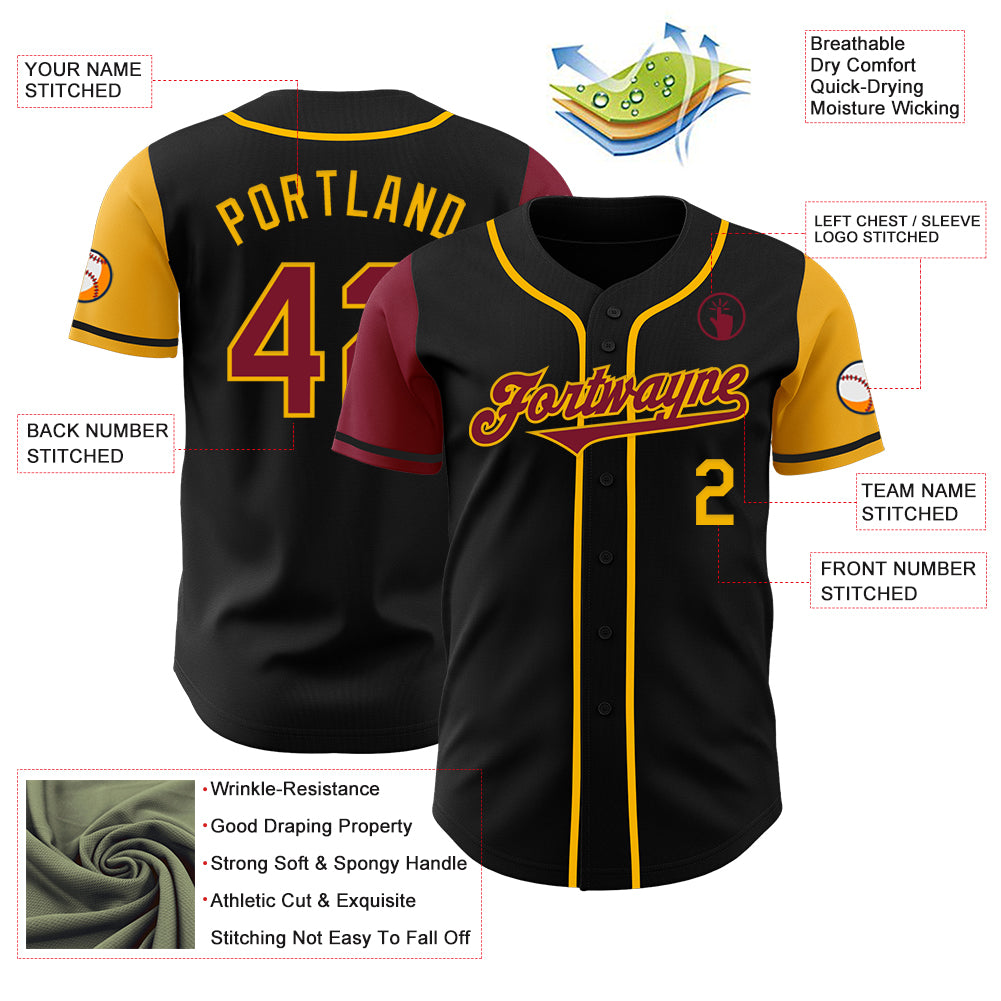 Custom Black Crimson-Gold Authentic Two Tone Baseball Jersey