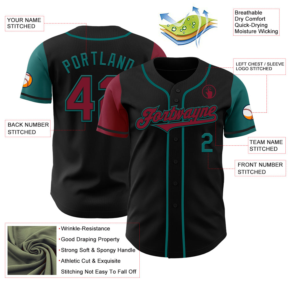 Custom Black Crimson-Teal Authentic Two Tone Baseball Jersey