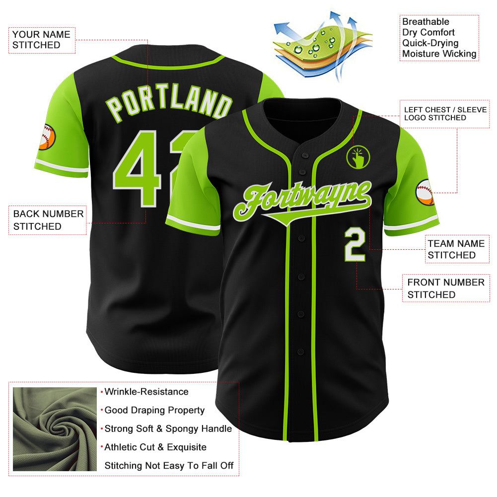 Custom Black Neon Green-White Authentic Two Tone Baseball Jersey