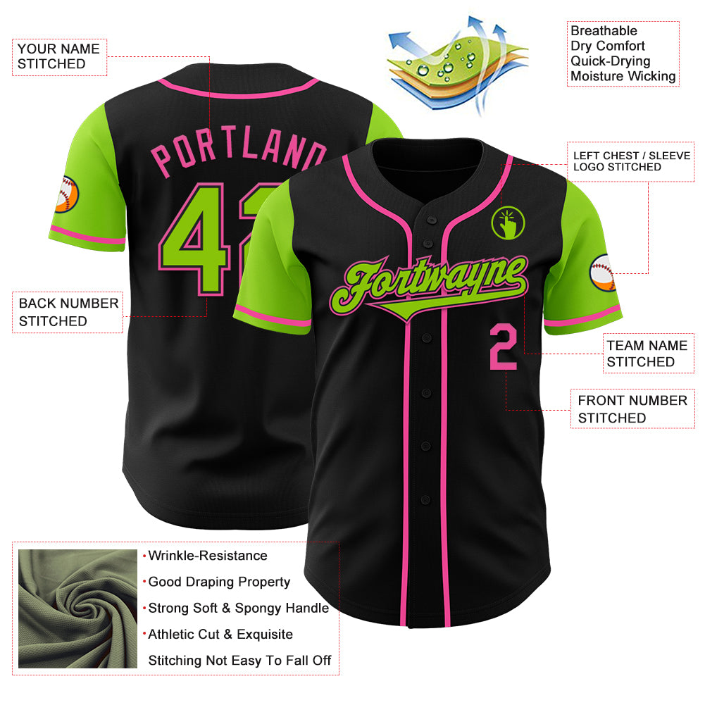 Custom Black Neon Green-Pink Authentic Two Tone Baseball Jersey