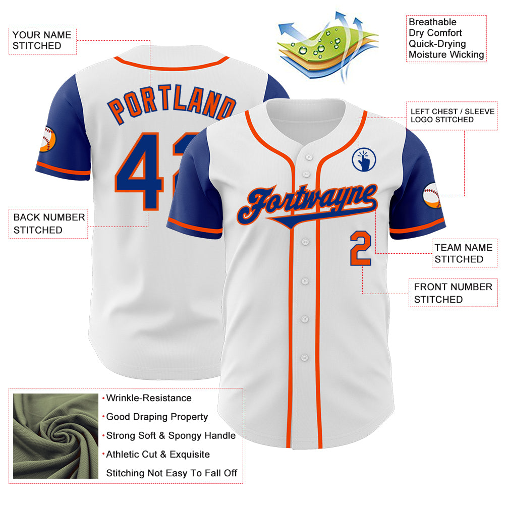 Custom White Royal-Orange Authentic Two Tone Baseball Jersey