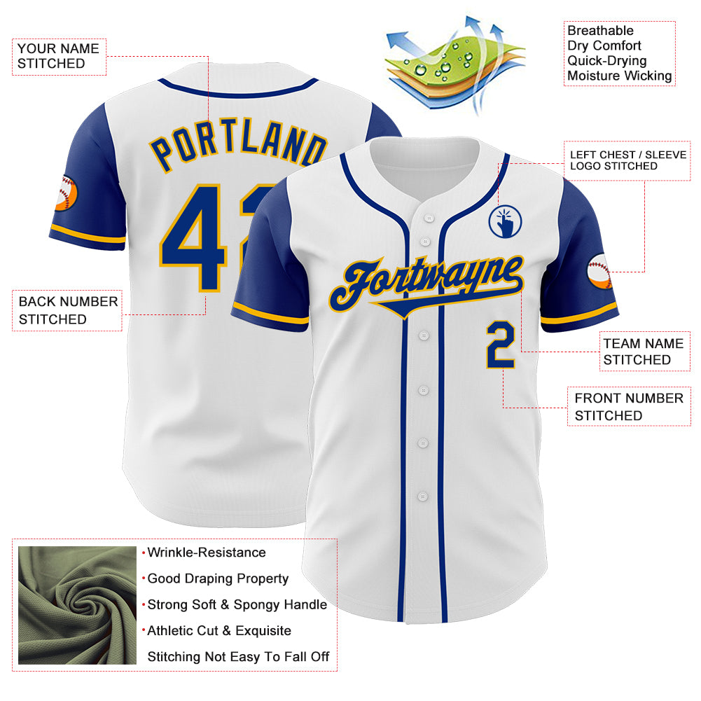 Custom White Royal-Gold Authentic Two Tone Baseball Jersey