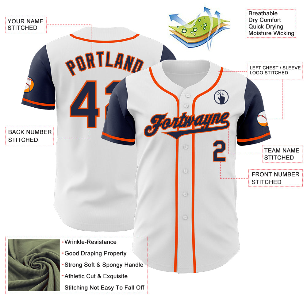 Custom White Navy-Orange Authentic Two Tone Baseball Jersey