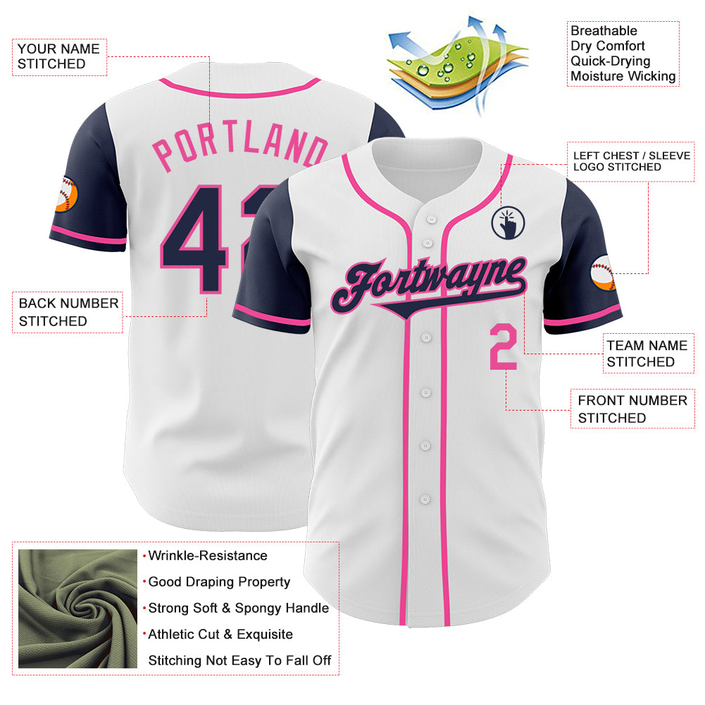 Custom White Navy-Pink Authentic Two Tone Baseball Jersey