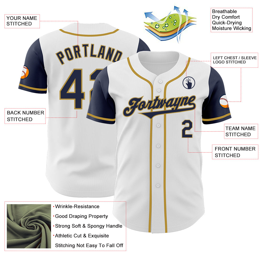 Custom White Navy-Old Gold Authentic Two Tone Baseball Jersey