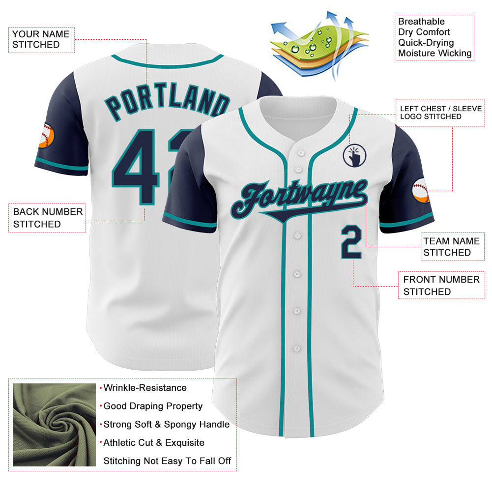 Custom White Navy-Teal Authentic Two Tone Baseball Jersey