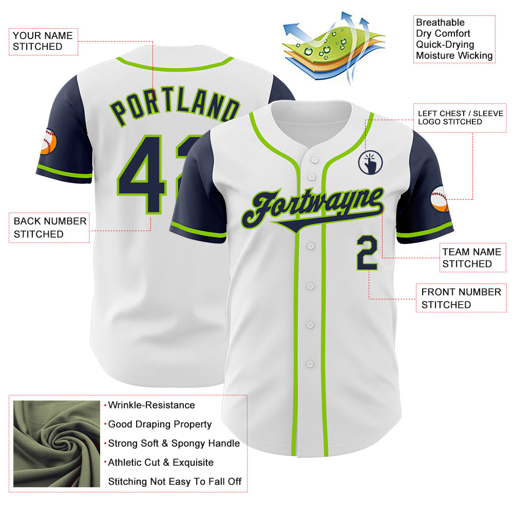 Custom White Navy-Neon Green Authentic Two Tone Baseball Jersey