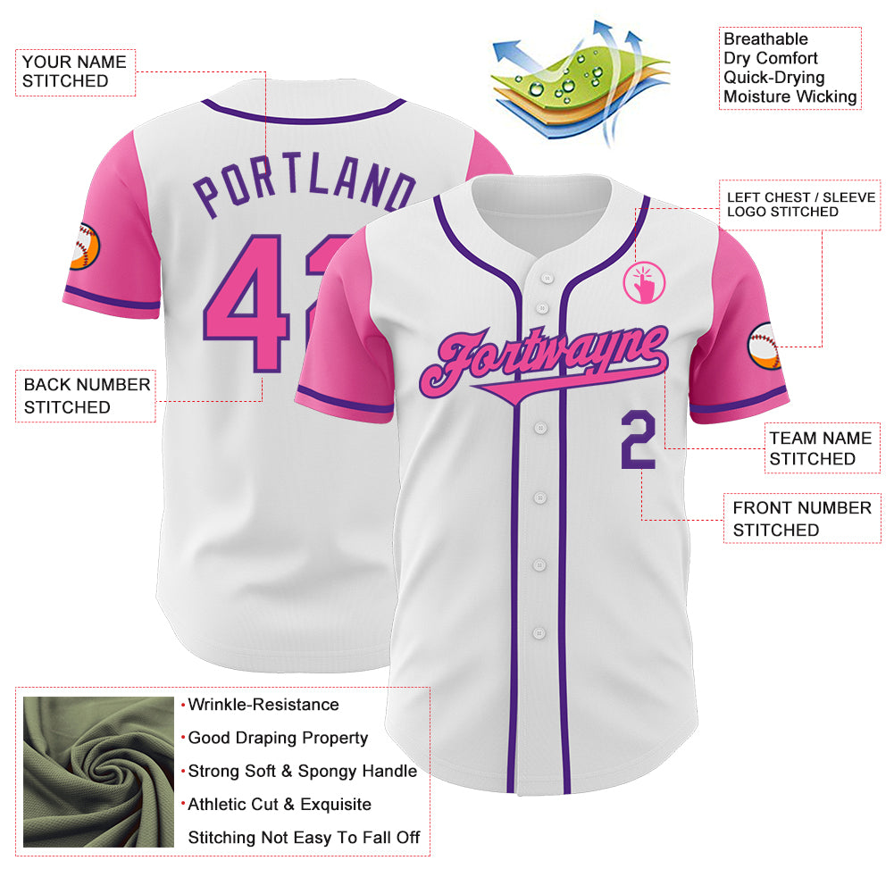 Custom White Pink-Purple Authentic Two Tone Baseball Jersey